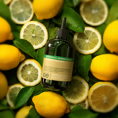 immagine del prodotto dello shampoo normalizzante ambientato su sfondo con limoni e foglie verdi 